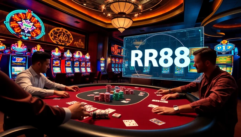 Experience high-stakes poker at https://rr88c.mobi/ with vibrant chips and thrilling slot machines in a luxurious casino.