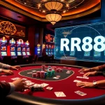 Experience high-stakes poker at https://rr88c.mobi/ with vibrant chips and thrilling slot machines in a luxurious casino.
