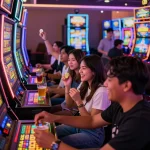 Exciting lively casino scene showcasing friends enjoying slot gacor hari ini