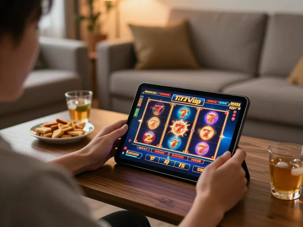 Engaging in thrilling gameplay on 777vip online casino tablet with vibrant slot machines.