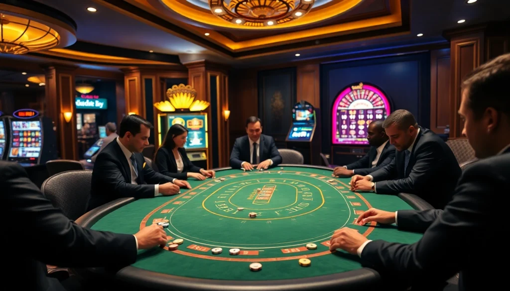 Experience POWERNET strategies at a luxurious poker table in a vibrant casino atmosphere.