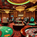 A luxurious casino atmosphere at https://rr88.center/ with elegant poker tables and vibrant slot machines.
