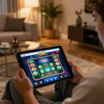 Engaged player enjoying the fly88 online casino app on a cozy home setup, highlighting mobile gaming experience.