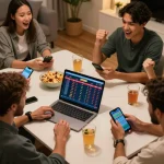 KQBD sports betting scene with friends using devices to place real-time bets, creating a lively atmosphere.