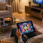 Engaged player on ph365.cx tablet, enjoying vibrant slot games in a cozy home setting.