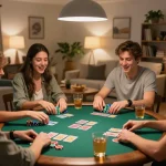 Bong88 poker game night with friends, cards and colorful chips on the table, inviting warm lighting.