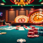Experience the thrill of gambling at the NK88 casino, featuring vibrant poker chips and a roulette wheel.