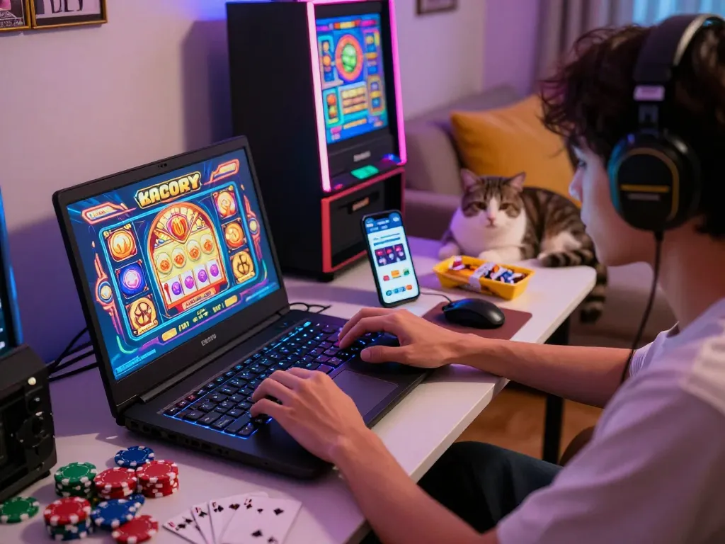 Pemain yang terlibat menikmati slot gacor hari ini di sudut permainan yang nyaman dengan grafik yang mencolok.
