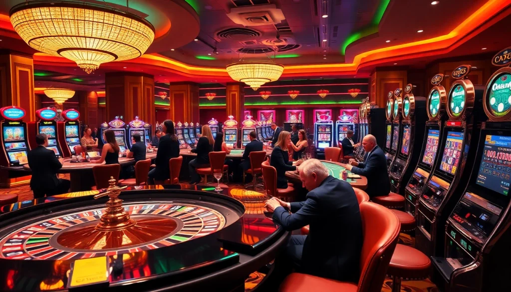 Players engaging in thrilling casino games at Sunwin, featuring roulette, poker, and vibrant slot machines.