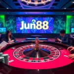 Players enjoying a thrilling game at Jun88 casino, surrounded by vibrant decor and high-stakes action.