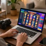 Engaging in online casino gaming at home with bl555, showcasing vibrant game interface and cozy atmosphere