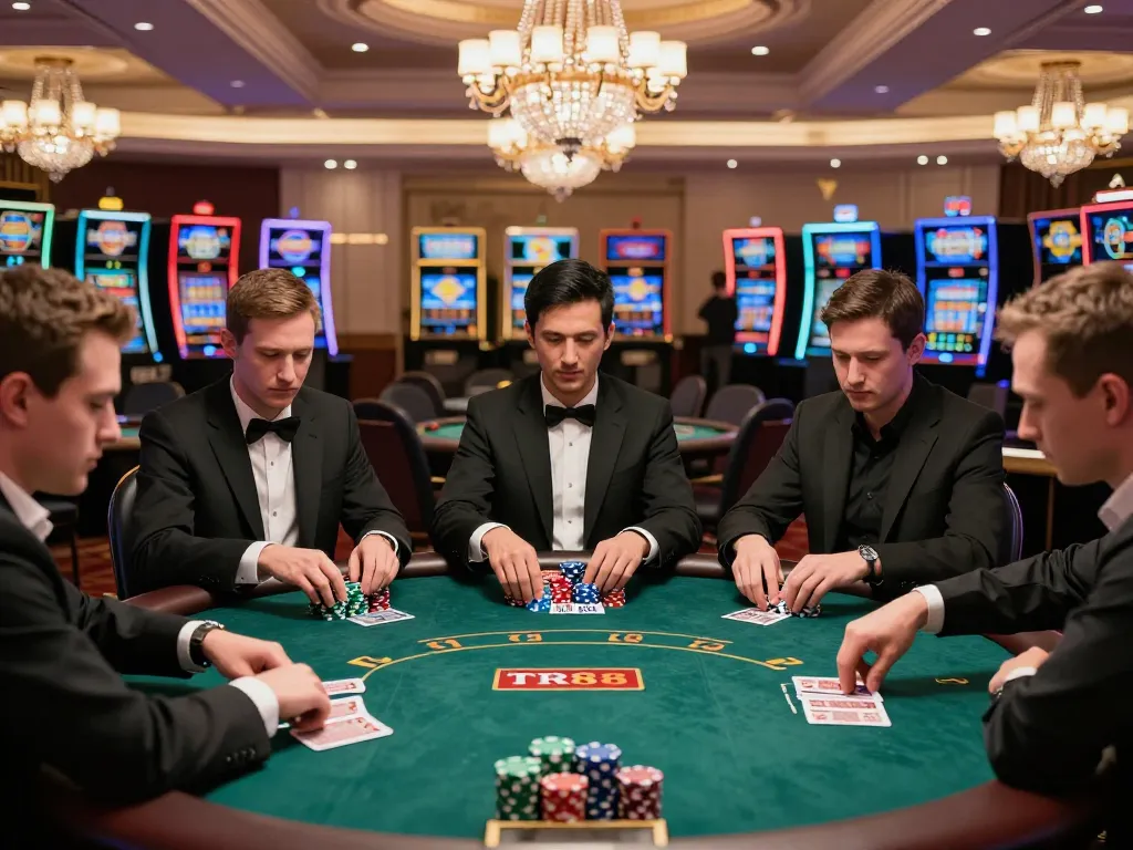 Players engage in a high-stakes poker game at TR88 casino, showcasing strategy and excitement.