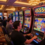 Patrons enjoying thrilling gameplay at the god55 casino, celebrating wins at colorful slot machines.