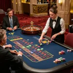 Players engage in strategic gameplay with 388bet at an elegant roulette table in a luxurious casino