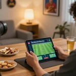 Engaging in kèo bóng đá hôm nay while betting online with a tablet in a cozy home setting.