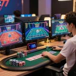 Pengaturan permainan online yang menarik menunjukkan aksi poker tante77 dengan beberapa layar dan perangkat modern.