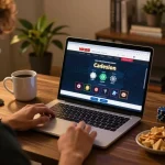 Person engaging in NK88 online gaming on a laptop, enjoying a cozy gaming atmosphere.