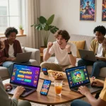 Excited players celebrating their wins with free credit mega888 in a cozy living room atmosphere.