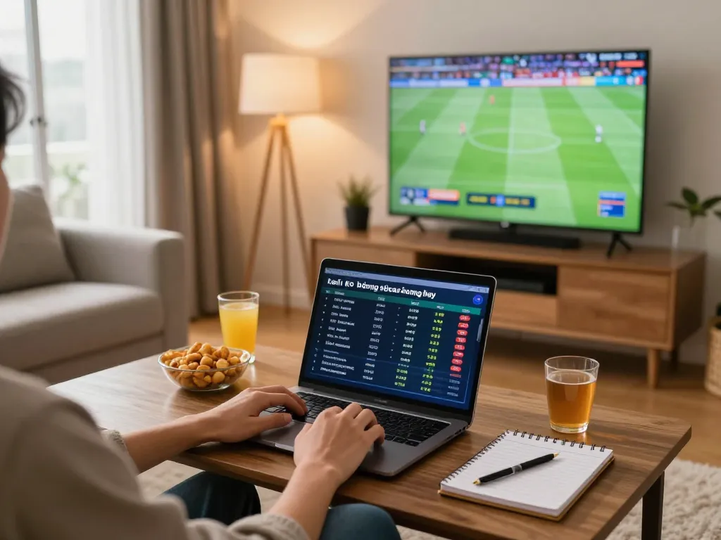 Engaging in kèo bóng đá hôm nay while enjoying sports in a cozy home setting.