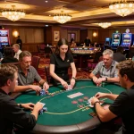 Players engaged at poker tables in a vibrant casino atmosphere, showcasing cm8888 system integration for seamless gaming.