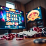 Spiele auf casino spiele.de in einem stilvollen Gaming-Setup mit einem Computerbildschirm und Spielkarten.