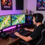 Gamer immersed in action at https://www.chappellsportscars.com/used-cars/, showcasing dual monitors and vibrant gaming setup.