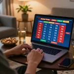 Bermain game bandar togel online di rumah dengan laptop, camilan, dan pencahayaan hangat.