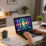 A player enjoys the exciting oli 4d slots on their laptop in a cozy home setup