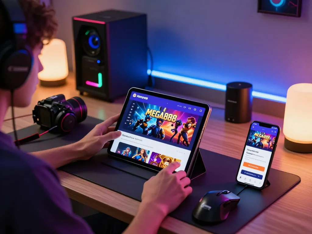 Player enjoying the Mega888 original download iOS on a stylish tablet amidst vibrant gaming setup.