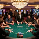Players engaging in a high-stakes game at the casino, showcasing cm8888 poker chips and intense focus