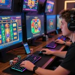 Player enjoying tante77 slot game on multiple monitors in a vibrant gaming setup