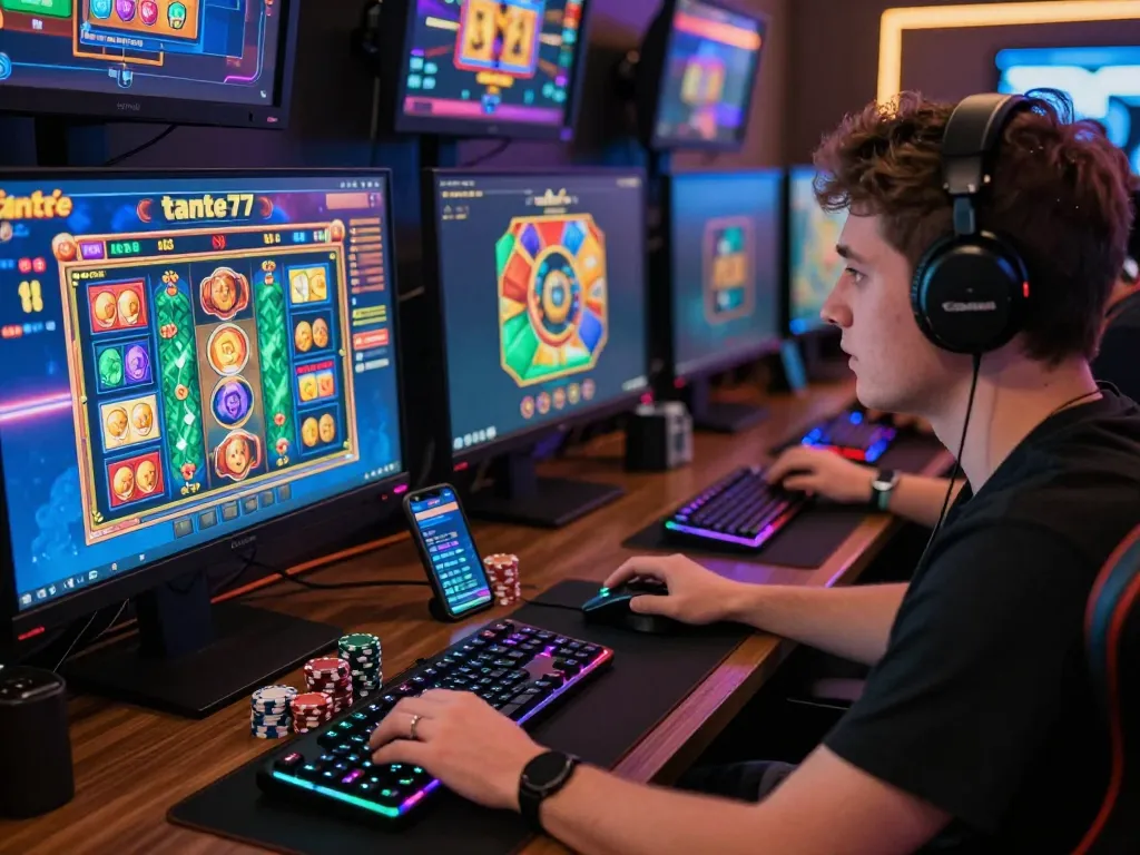 Player enjoying tante77 slot game on multiple monitors in a vibrant gaming setup