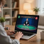 Engaging in live dealer blackjack on ww88, showcasing focused gameplay in a cozy home environment.