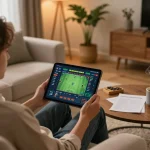 Engaging in kèo nhà cái trực tiếp through a tablet in a cozy home gaming setup.