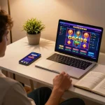 A player engaged in slot gacor gaming on a laptop with strategic notes at home.