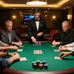 Players engage intensely at du88 poker table with colorful chips and dealer in action.