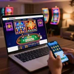 Pemain yang terlibat menggunakan antarmuka kasino online GOLDWIN88 di laptop dan smartphone di rumah modern