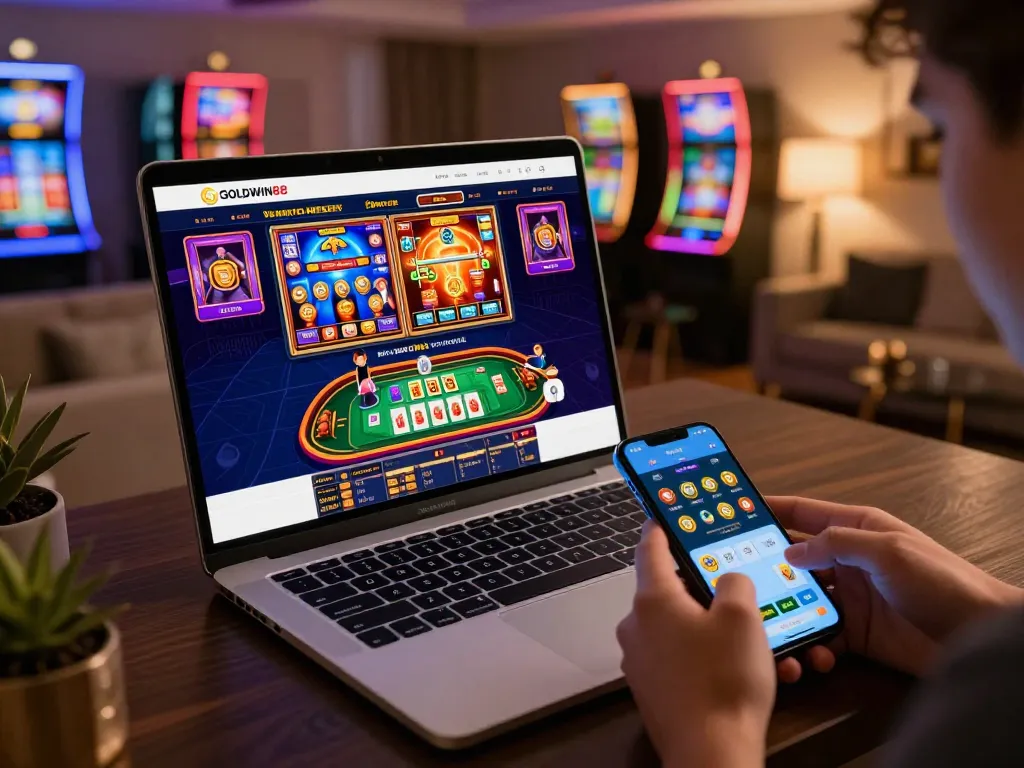 Pemain yang terlibat menggunakan antarmuka kasino online GOLDWIN88 di laptop dan smartphone di rumah modern