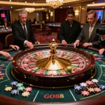 Experience thrilling gameplay at GO88 casino with players gathered around a spinning roulette wheel.
