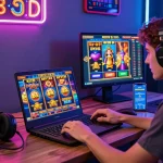 Zeus138 gaming experience with colorful slot game graphics on a laptop and exciting atmosphere.