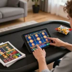 Pemain terlibat dengan permainan slot yang mendebarkan di tablet dalam suasana rumah yang nyaman, menekankan perjudian online yang strategis.
