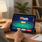 Engaging with the app 98win on tablet for online poker gameplay in a cozy home setting.