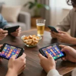 Engaged players at situs slot online, strategizing with smartphones in a cozy home setting.