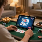 Kuwin player interacting with online poker via tablet in cozy home setting, illustrating strategic gameplay.