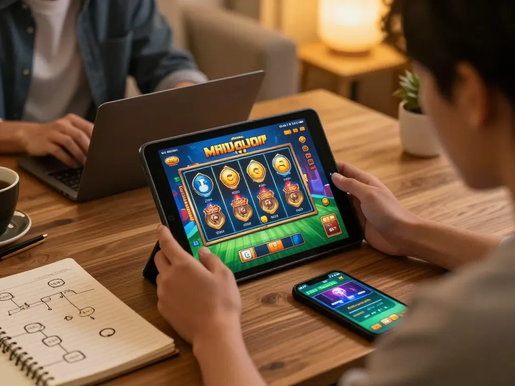 Bergabung dalam permainan Demo Slot di tablet, menunjukkan pengalaman perjudian online yang dinamis di rumah yang nyaman.