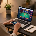 Player engaging with NK88's live casino games in a cozy home setup for strategic gameplay.