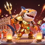 Engage with toto gaming through a dynamic underwater scene featuring a fierce shark in gladiator armor.