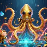 Splash into excitement with situs slot gacor, featuring a colossal kraken, diving cat, and slot reels amid glimmering treasures.
