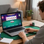 Player immersed in poker gameplay on the 888VI Homepage, demonstrating strategic online gambling in a cozy home setup.