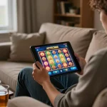 Player using the AZTEC888 app on a tablet for online gambling, showcasing a cozy home environment